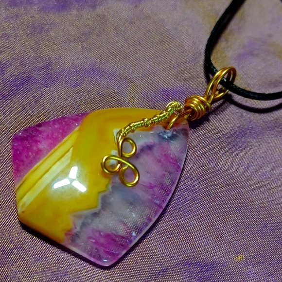 Pink yellow botswana lace agate pendant gold wire white swirl wrap handmade gem - Picture 4 of 5